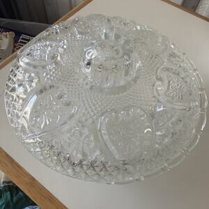 1980s KIG Malaysia Clear Glass Nut & Candy Bowl Hearts Roses Fleur De Lis